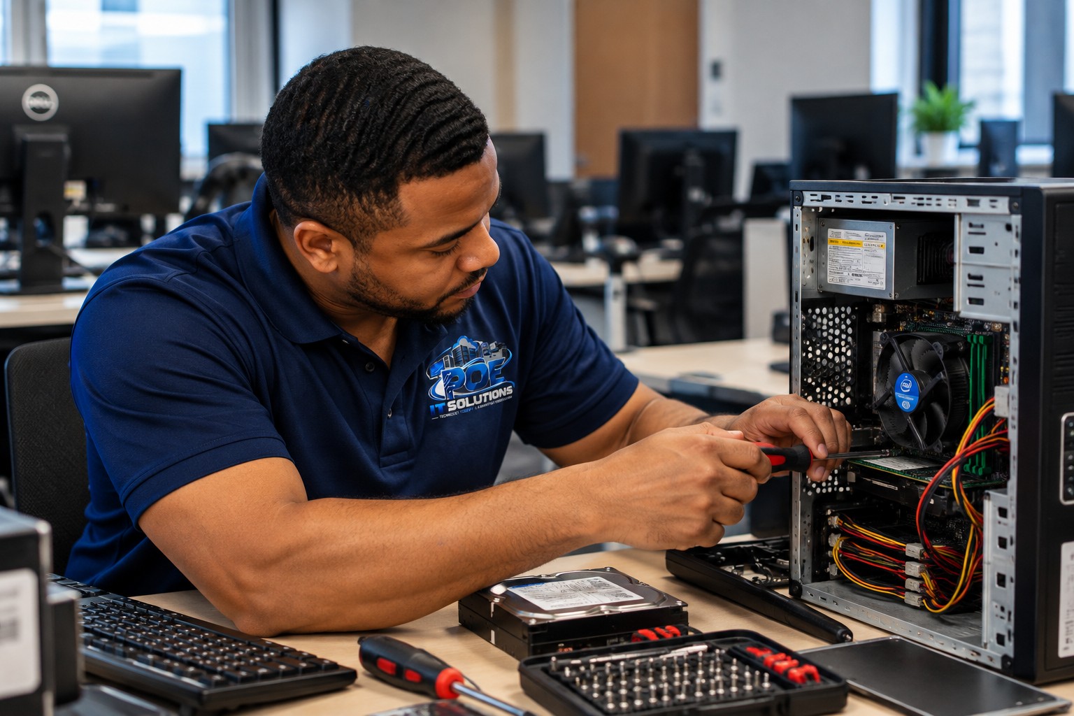 PEO IT SOLUTIONS technician repairing a desktop computer